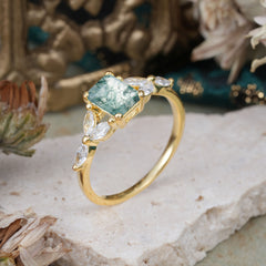 1 Carat Emerald Cut Moss Agate Ring Marquise Side Stone Engagement Ring