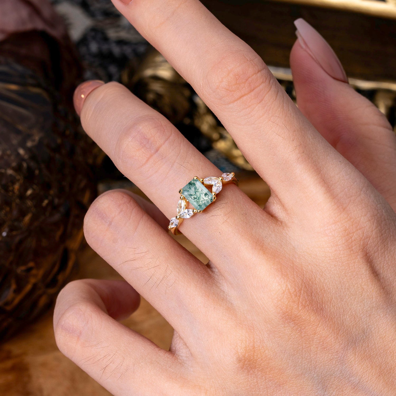 1 Carat Emerald Cut Moss Agate Ring Marquise Side Stone Engagement Ring