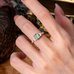 1 Carat Emerald Cut Moss Agate Ring Marquise Side Stone Engagement Ring