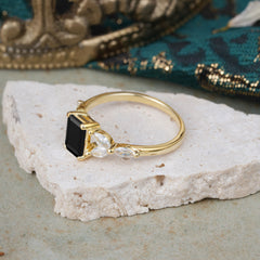 1 Carat Emerald Cut Black Onyx Ring Marquise Side Stone Engagement Ring
