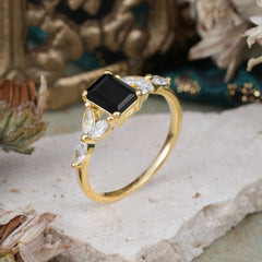 1 Carat Emerald Cut Black Onyx Ring Marquise Side Stone Engagement Ring