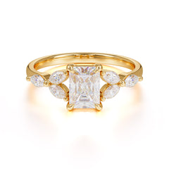 1 Carat Emerald Cut Moissanite Ring Marquise Side Stone Engagement Ring