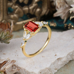 1 Carat 4 Prong Emerald Cut Garnet Ring Marquise Side Stone Engagement Ring
