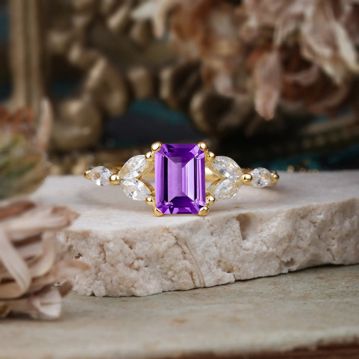 1 Carat 4 Prong Emerald Cut Amethyst Ring Marquise Side Stone Engagement Ring