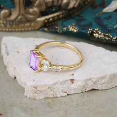 1 Carat 4 Prong Emerald Cut Amethyst Ring Marquise Side Stone Engagement Ring