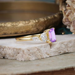 1 Carat 4 Prong Emerald Cut Amethyst Ring Marquise Side Stone Engagement Ring
