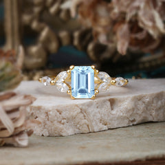 1 Carat 4 Prong Emerald Cut Aquamarine Ring Marquise Side Stone Engagement Ring