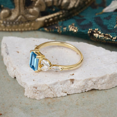 1 Carat 4 Prong Emerald Cut Aquamarine Ring Marquise Side Stone Engagement Ring