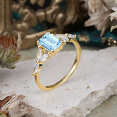 1 Carat 4 Prong Emerald Cut Aquamarine Ring Marquise Side Stone Engagement Ring