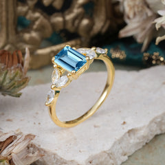 1 Carat 4 Prong Emerald Cut Aquamarine Ring Marquise Side Stone Engagement Ring