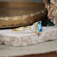 1 Carat 4 Prong Emerald Cut Aquamarine Ring Marquise Side Stone Engagement Ring