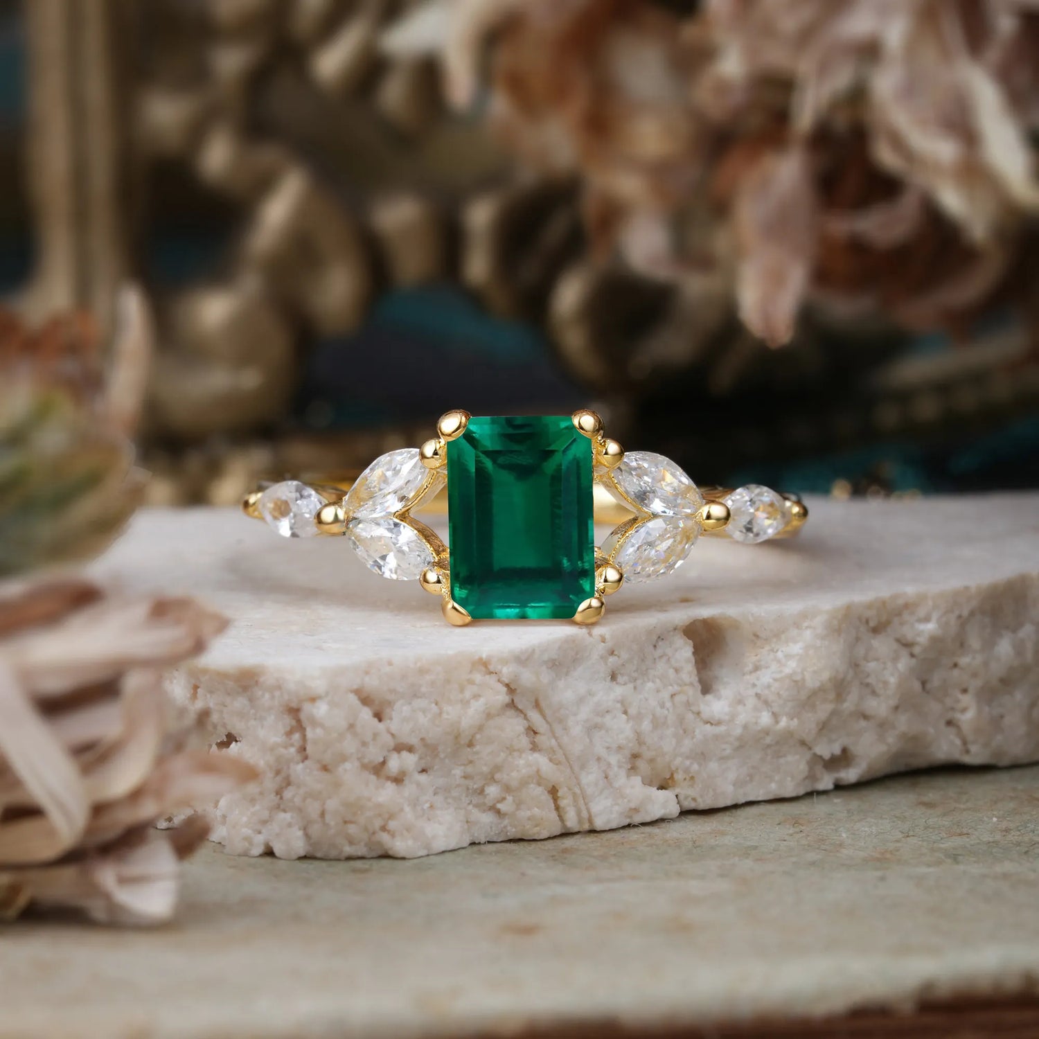 1 Carat 4 Prong Emerald Cut Emerald Ring Marquise Side Stone Engagement Ring - Romalar Jewelry