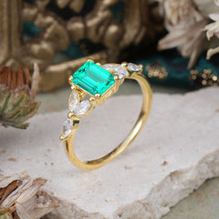 1 Carat 4 Prong Emerald Cut Emerald Ring Marquise Side Stone Engagement Ring