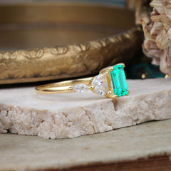 1 Carat 4 Prong Emerald Cut Emerald Ring Marquise Side Stone Engagement Ring
