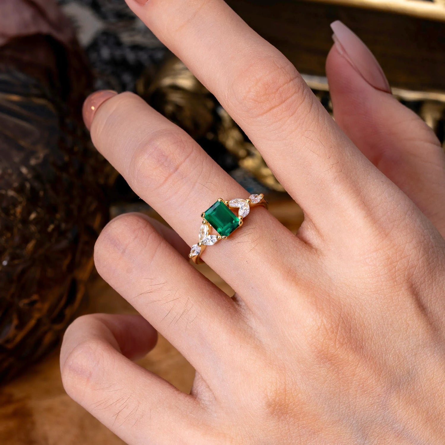 1 Carat 4 Prong Emerald Cut Emerald Ring Marquise Side Stone Engagement Ring - Romalar Jewelry