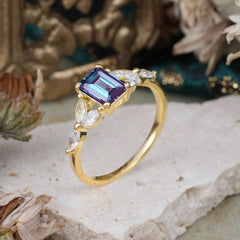 1 Carat 4 Prong Emerald Cut Alexandrite Ring Marquise Side Stone Engagement Ring