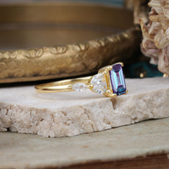 1 Carat 4 Prong Emerald Cut Alexandrite Ring Marquise Side Stone Engagement Ring