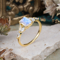 1 Carat 4 Prong Emerald Cut Moonstone Ring Marquise Side Stone Engagement Ring