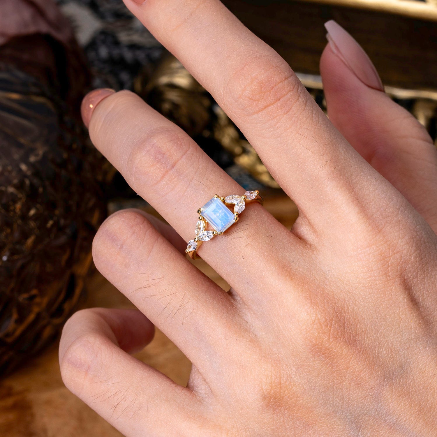 1 Carat 4 Prong Emerald Cut Moonstone Ring Marquise Side Stone Engagement Ring