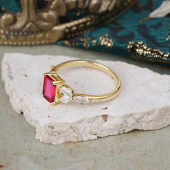 1 Carat 4 Prong Emerald Cut Ruby Ring Marquise Side Stone Engagement Ring
