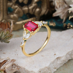 1 Carat 4 Prong Emerald Cut Ruby Ring Marquise Side Stone Engagement Ring