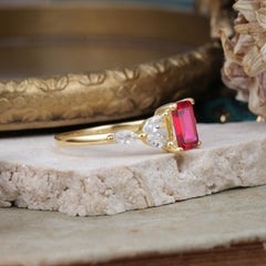 1 Carat 4 Prong Emerald Cut Ruby Ring Marquise Side Stone Engagement Ring
