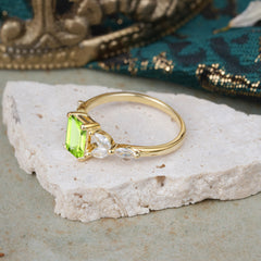 1 Carat 4 Prong Emerald Cut Peridot Ring Marquise Side Stone Engagement Ring