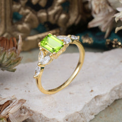 1 Carat 4 Prong Emerald Cut Peridot Ring Marquise Side Stone Engagement Ring