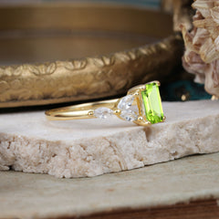 1 Carat 4 Prong Emerald Cut Peridot Ring Marquise Side Stone Engagement Ring