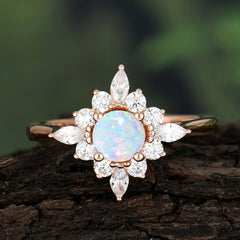 Round Cut 0.6 Carat Opal Promise Ring Cluster Anniversary Ring