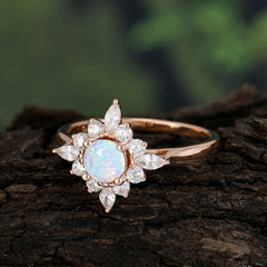 Round Cut 0.6 Carat Opal Promise Ring Cluster Anniversary Ring