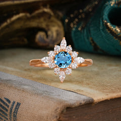 Round Cut 0.6 Carat Aquamarine Promise Ring Cluster Anniversary Ring