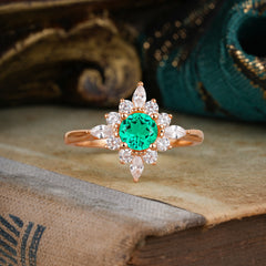 Round Cut 0.6 Carat Emerald Promise Ring Cluster Anniversary Ring