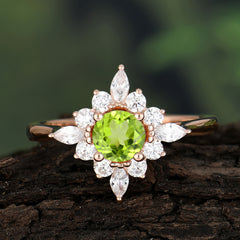 Round Cut 0.6 Carat Peridot Promise Ring Cluster Anniversary Ring