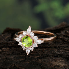 Round Cut 0.6 Carat Peridot Promise Ring Cluster Anniversary Ring