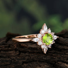 Round Cut 0.6 Carat Peridot Promise Ring Cluster Anniversary Ring