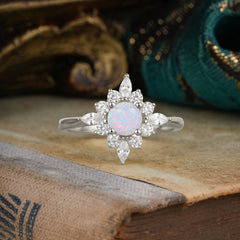 Round Cut 0.6 Carat Opal Promise Ring Cluster Anniversary Ring