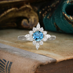 Round Cut 0.6 Carat Aquamarine Promise Ring Cluster Anniversary Ring
