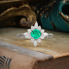 Round Cut 0.6 Carat Emerald Promise Ring Cluster Anniversary Ring