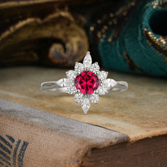Round Cut 0.6 Carat Ruby Promise Ring Cluster Anniversary Ring