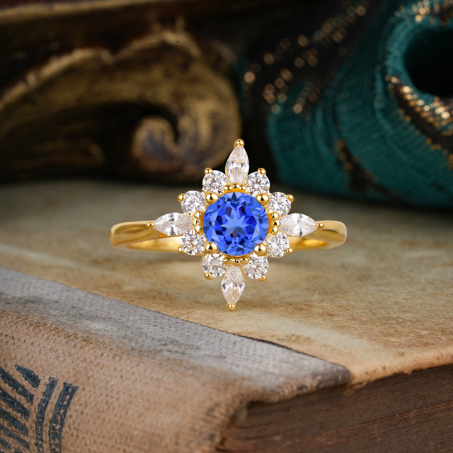 0.6 Carat Round Cut Sapphire Cluster Anniversary Engagement Ring