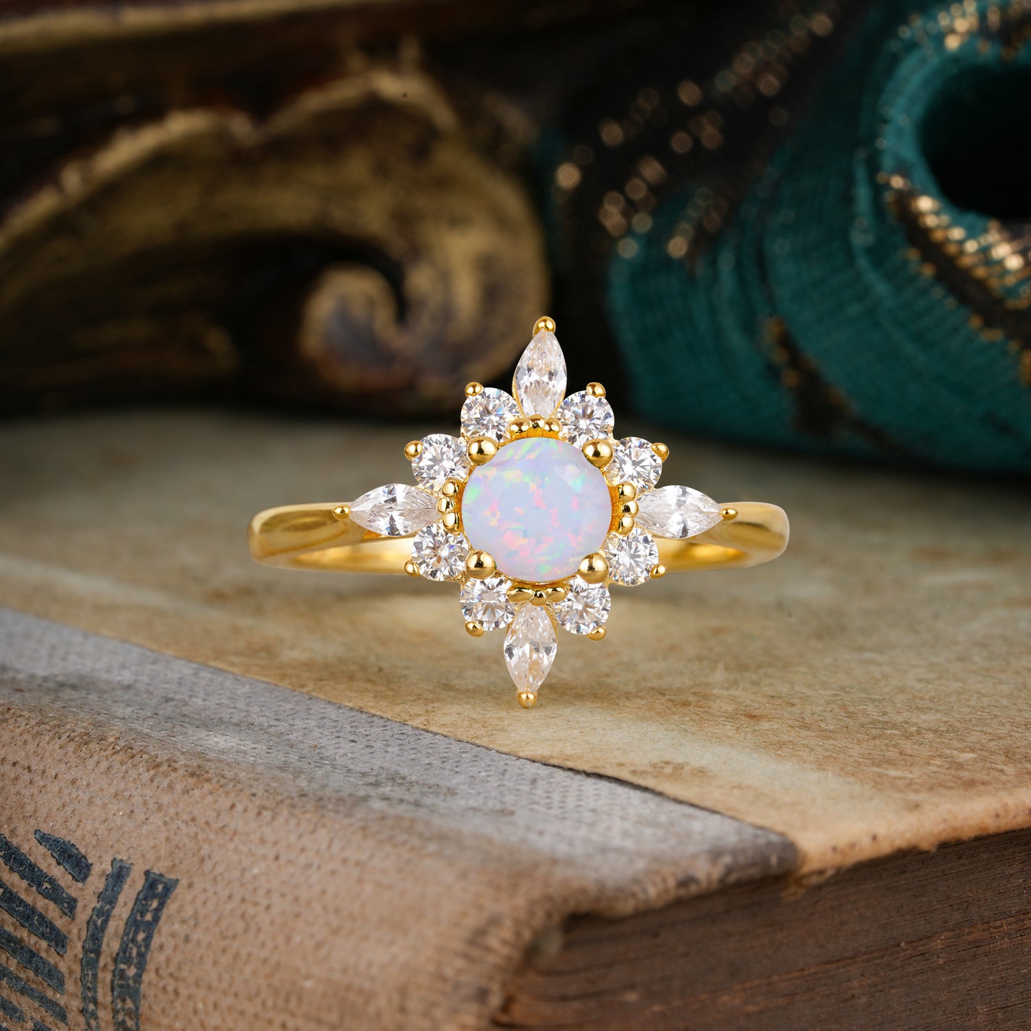 Round Cut 0.6 Carat Opal Cluster Anniversary Engagement Ring