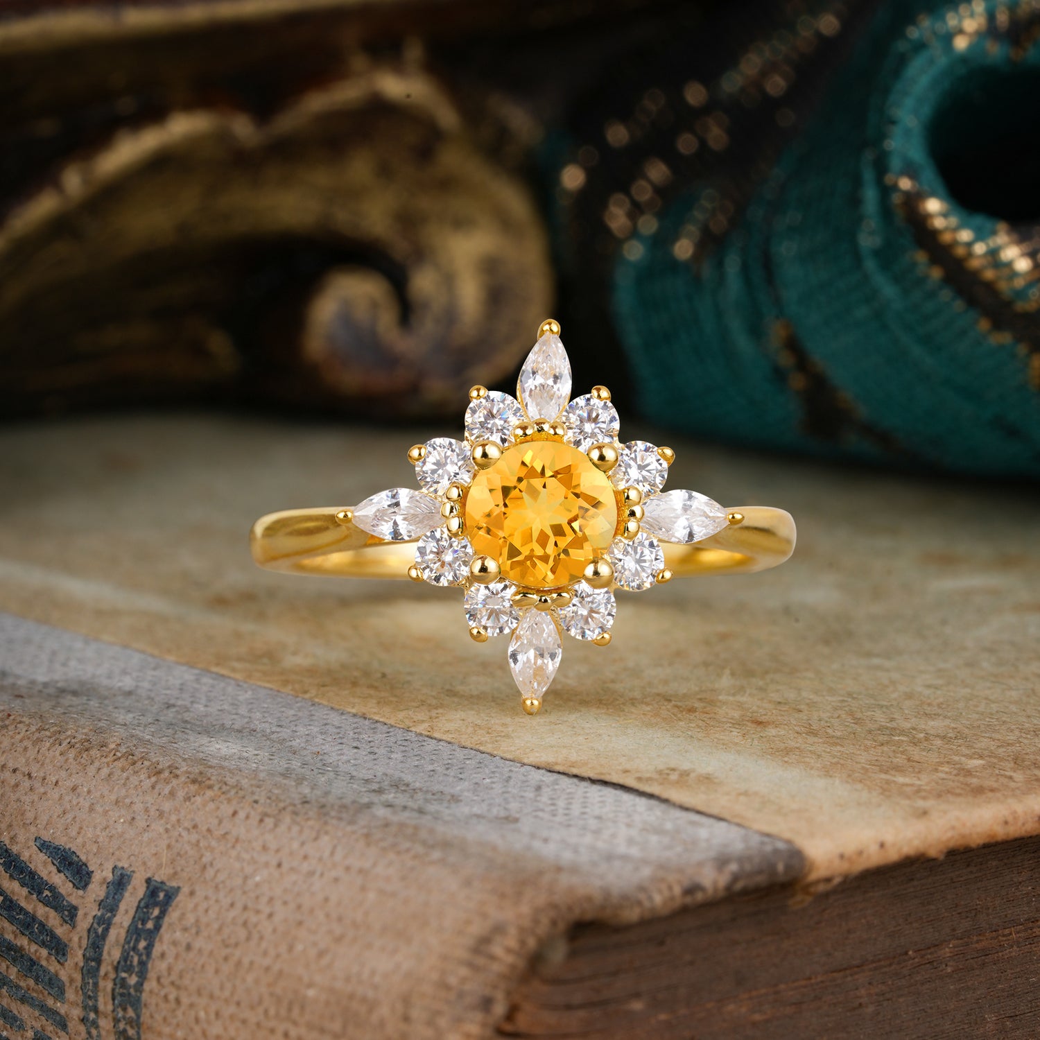 Round Cut 0.6 Carat Citrine Cluster Anniversary Engagement Ring