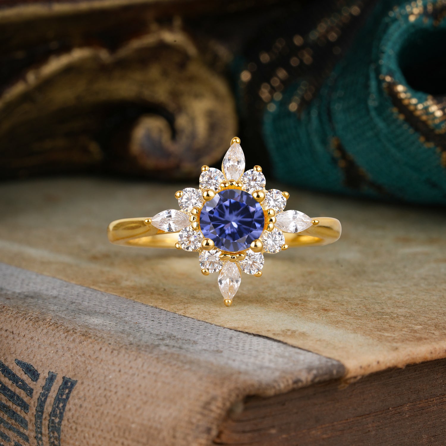 Round Cut 0.6 Carat Tanzanite Cluster Anniversary Engagement Ring