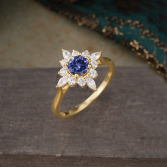 Round Cut 0.6 Carat Tanzanite Promise Ring Cluster Anniversary Ring