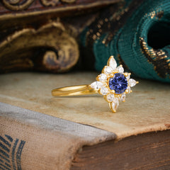 Round Cut 0.6 Carat Tanzanite Promise Ring Cluster Anniversary Ring