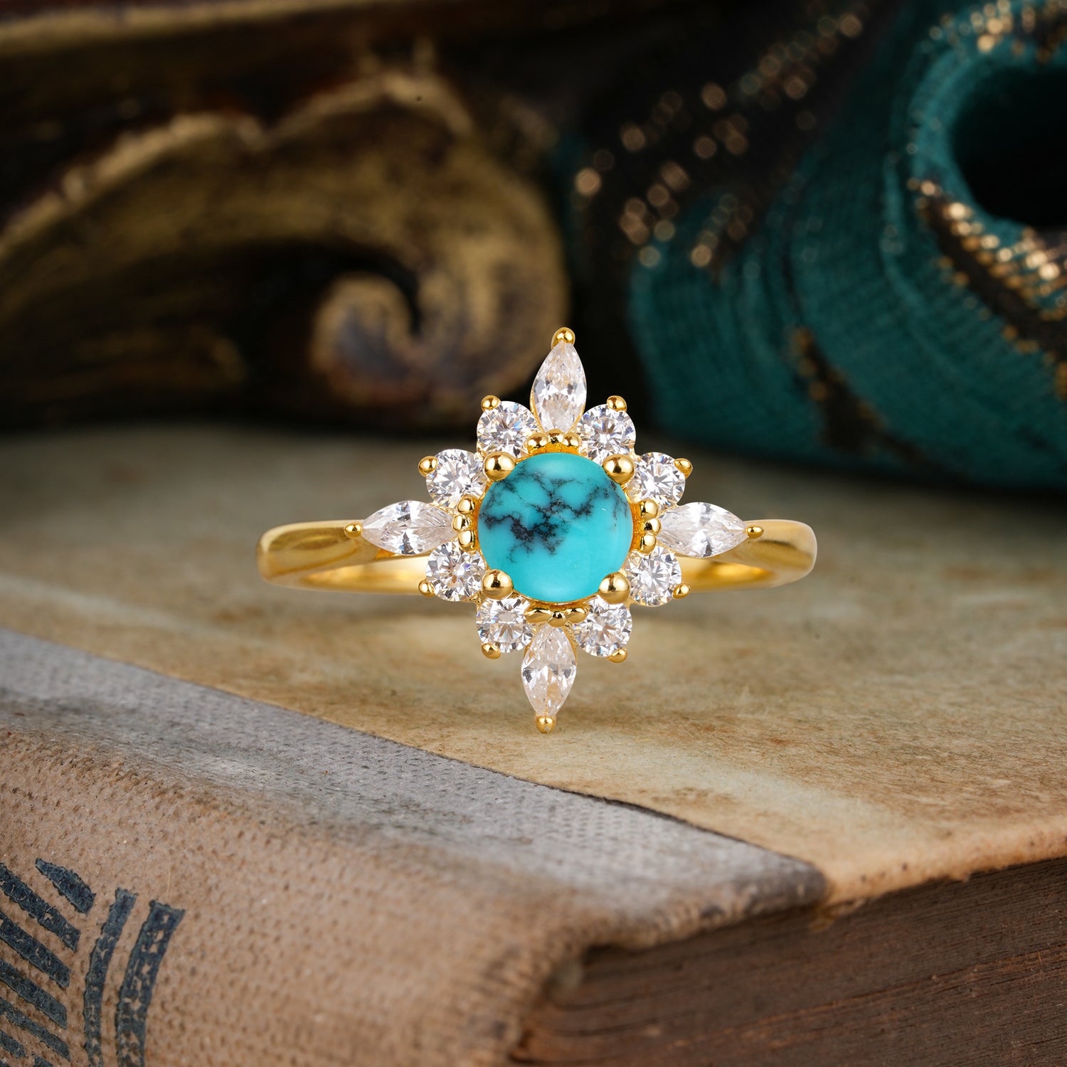Round Cut 0.6 Carat Turquoise Cluster Anniversary Engagement Ring