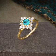 Round Cut 0.6 Carat Turquoise Promise Ring Cluster Anniversary Ring