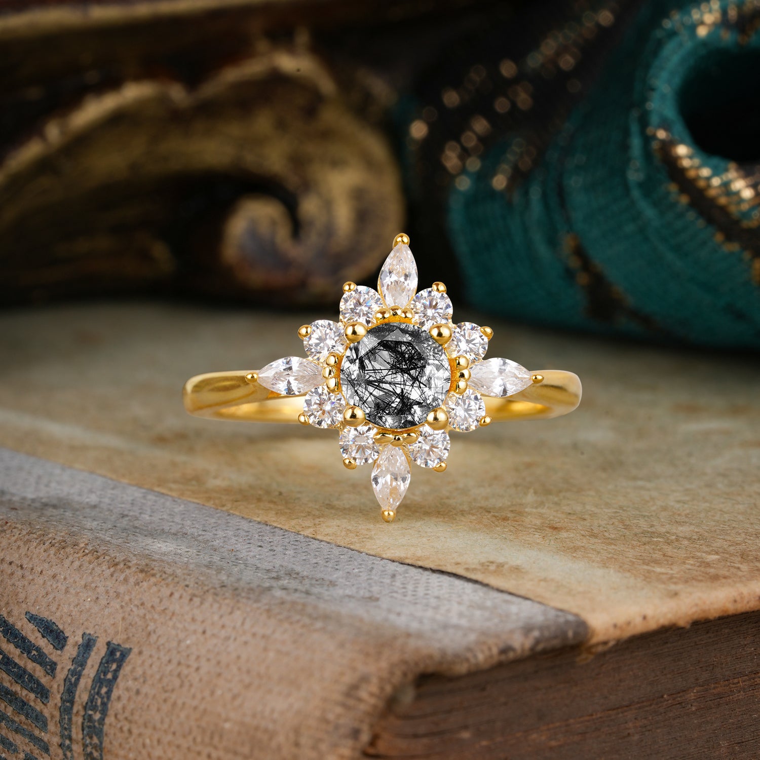 Round Cut 0.6 Carat Black Rutilated Quartz Cluster Anniversary Engagement Ring