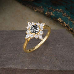 Round Cut 0.6 Carat Black Rutilated Quartz Promise Ring Cluster Anniversary Ring